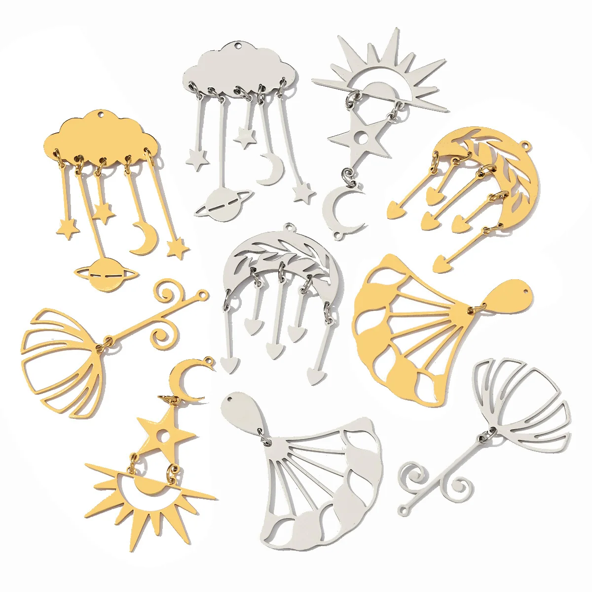 10pcs/Lot Stainless Steel Moon Movable Five Heart Tassel DIY Charm Movable Hollow Ginkgo Leaf Necklace Pendant Jewelry Wholesale