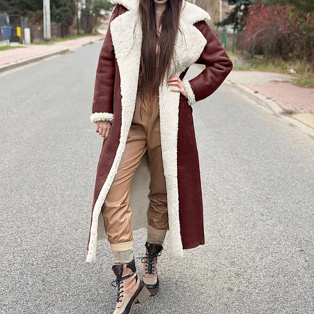 Lamswollen Jas Vrouwen Lange Jassen Kraagvorm Volledige Mouw Warme Dikke Maxi Moeder Y2k Elegante Splice Jassen Herfst Winter