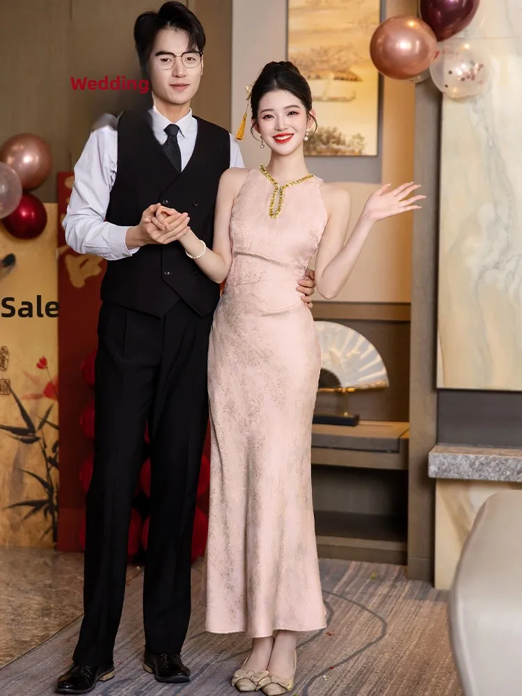 

Young Ele Chinese Sle Wedding Dr Pink Collar Engagement Ceremony Robe Long Qipao Traditional Chinese Costume for Bride