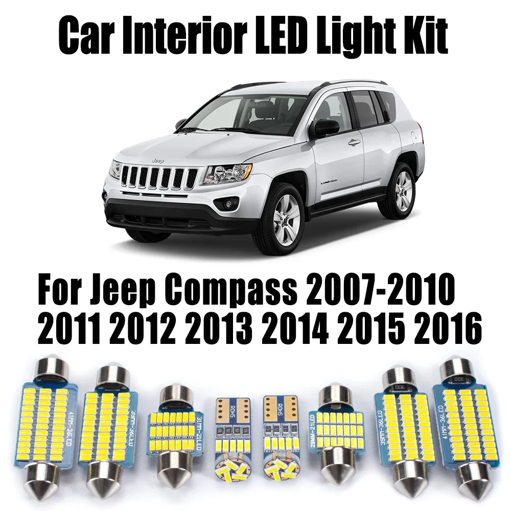 9Pcs LED Interior Light Canbus For Jeep Compass 2007- 2011 2012 2013 2014 2015 2016 Car Ceiling Map Dome Bulbs Kit Accessories