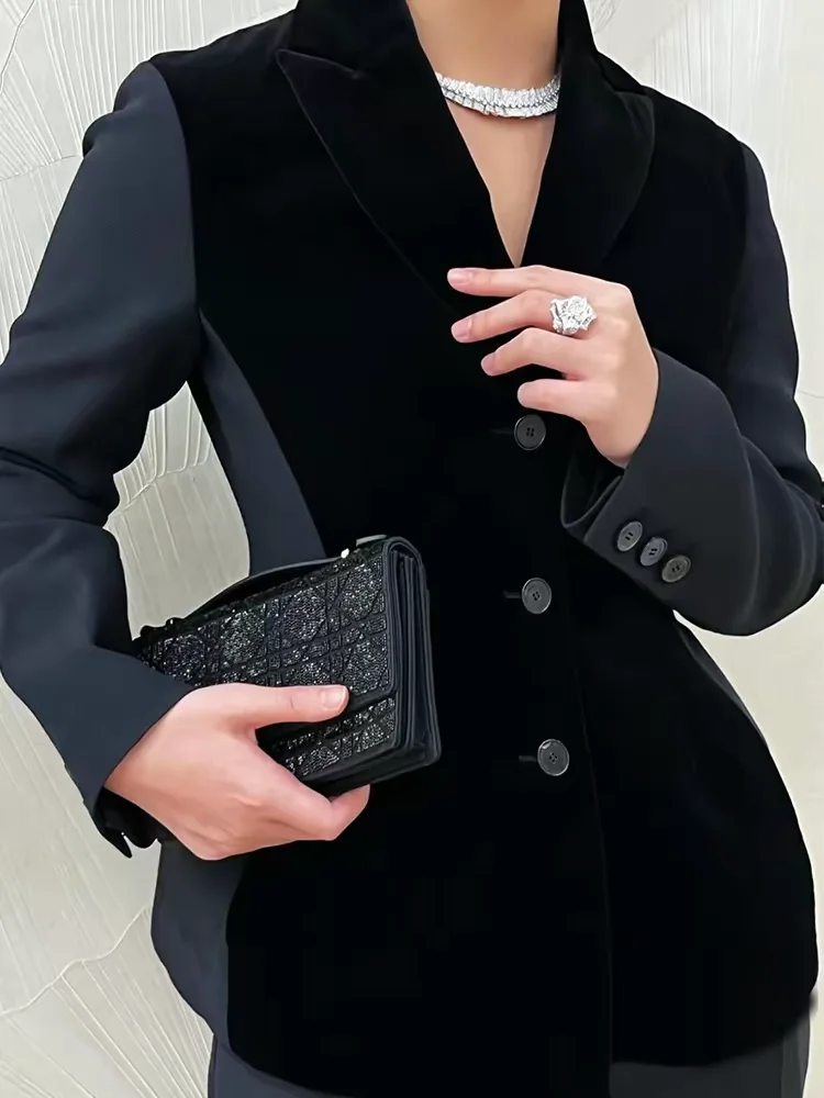 Spring Autumn New Style Velvet Long Sleeve Women's Jacket Slim Fit Patchwork Single Button Elegant Small Suit Outerwear