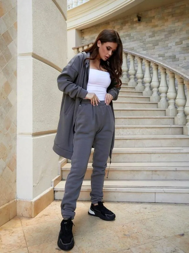 Felpa calda a maniche lunghe con cerniera di nuova moda da donna taglie forti e pantaloni lunghi slim fit casual tinta unita set da due pezzi