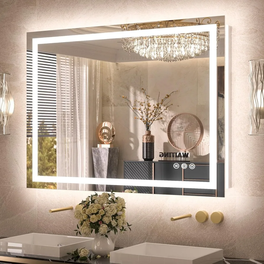 40x32 Bathroom Mirror, Frontlit & Backlit Lighted Vanity Mirror, Anti Fog Dimmable 3 Colors Double Lights, Wall-Mounted Mirror