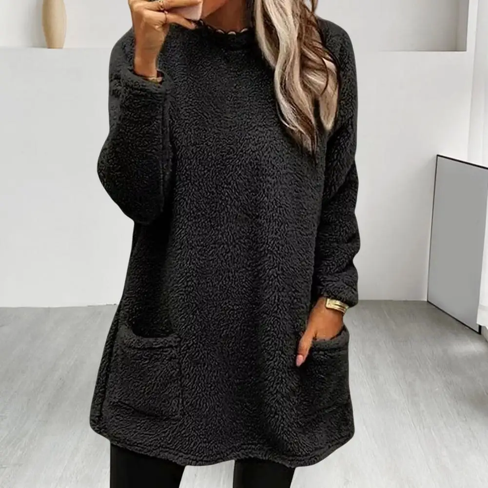 Women Round Neck Sweatshirt Cozy Plush Winter Sweatshirt with Dual Pockets for Women Stylish Mid Length Pullover Top for Office