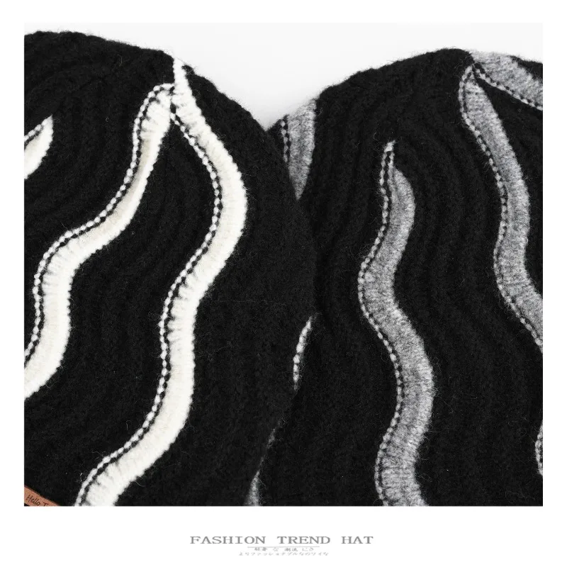 Japanische Strickmütze mit plissiertem Wellenmuster für Herren und Damen, Herbst- und Wintermode, Farbblockierung, warme Mütze – Detail 5