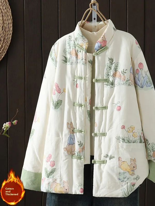 New Chinese Style Floral Print Stand Collar Thickened Cotton Jacket Women's Winter Loose Fit Button up Warm Cotton Coat