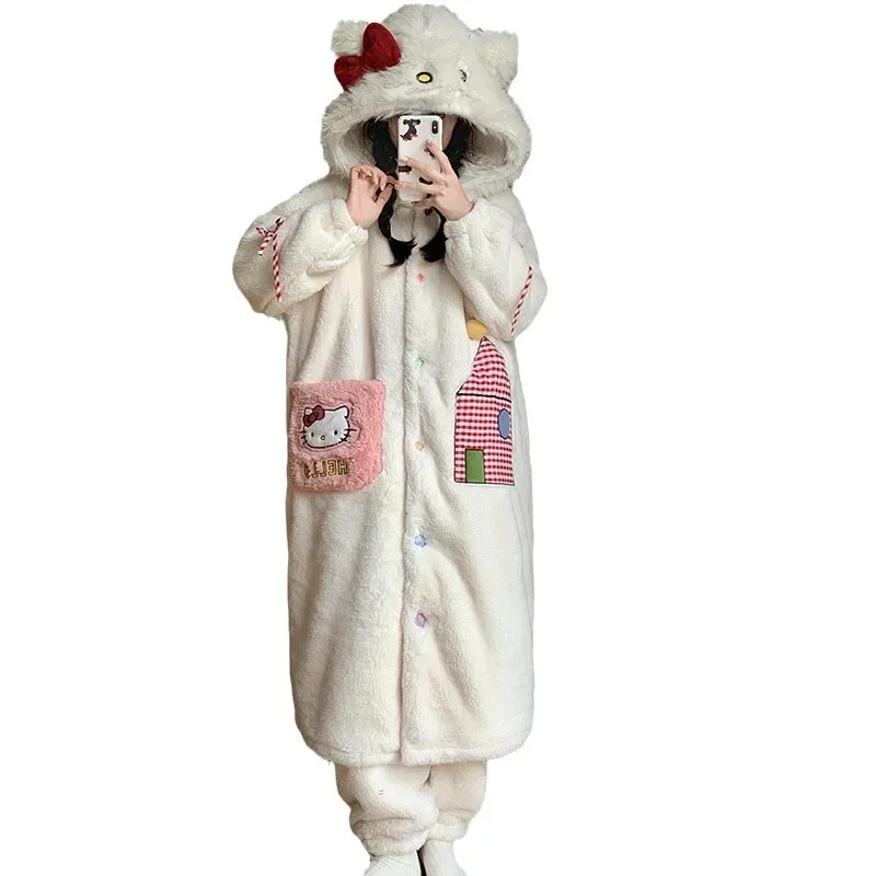 Cartoon Sanrio Hello Kitty nightgown hooded bathrobe pants two-piece set women\'s pajamas thermal loungewear pajamas women