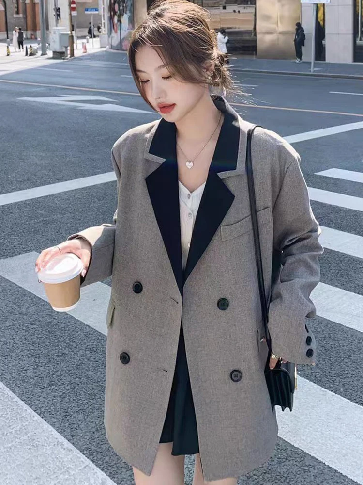 Preppy Style Gray Blazer Women Loose Long Sleeve Vintage Sweet Cute Suit Coat Fall Winter Causal Retro Buttons Outwear Jacket