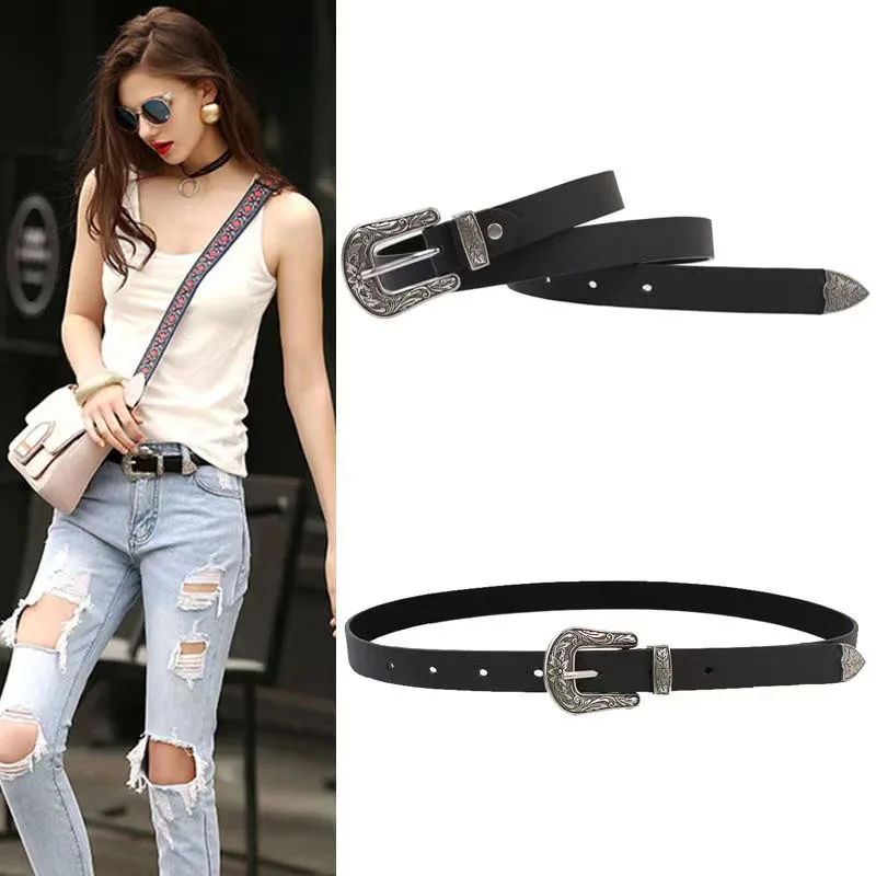 

New Fashion Ladies Premium Pu Belt Vintage Silver Buckle Carved Simple Belt Everything Jeans Suit Accessory Women Waistband