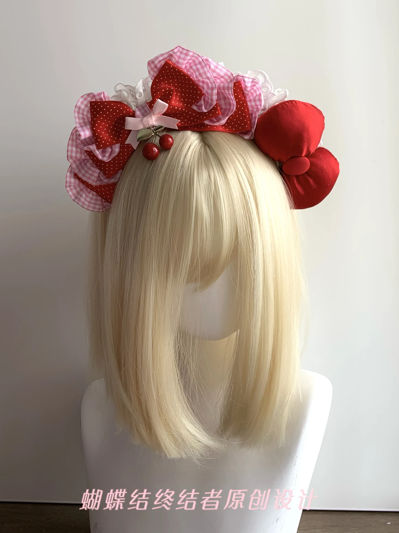 

Red and White Cherry Polka Dots Antique Doll Three-dimensional Headband Kt Cotton-filled Bow Lolita Pearl Cat Ear Maid Headband