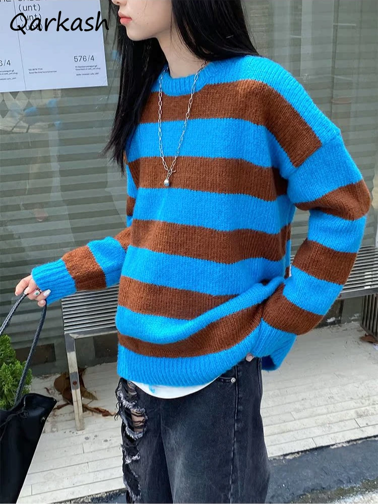 Women Sweaters Striped Long Sleeve O-neck Pullovers Ulzzang Fashion Simple Casual Daily Gentle Cozy Warm Autumn Winter Prevalent