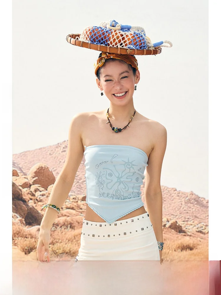 

BeerBro African Migration Lenzing Front Foam Grain Embroidery Totem Print Women's Summer Tube Top Street Style Slim Fit Short...