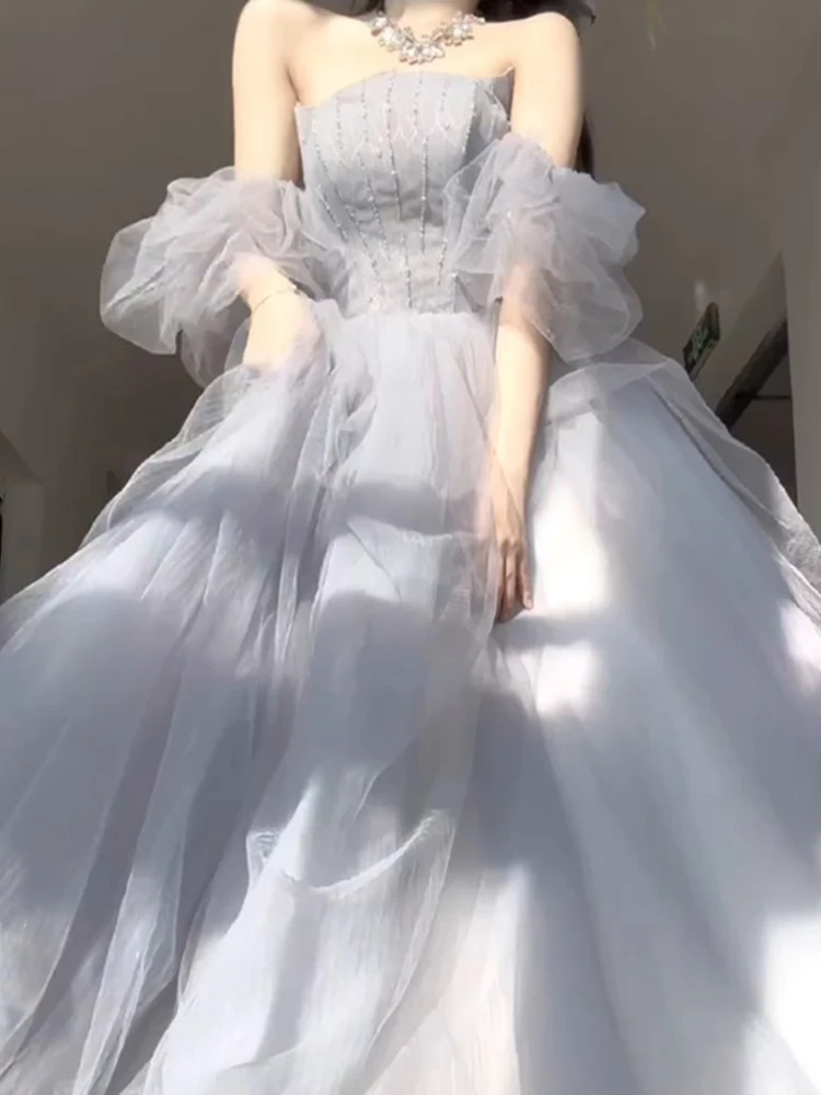 

Blue Evening Gown Princ Sle Long Skirt Breathable Material for Birthday Adult Ceremony Host Fairy Skirt Polyester Fiber