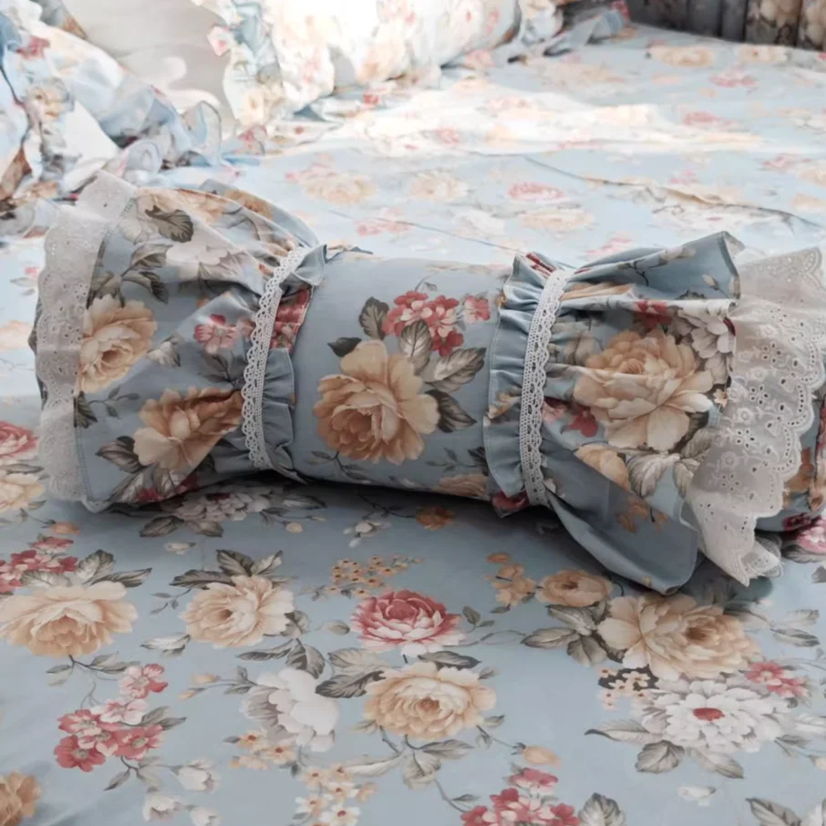 Decorative Pillow with Flower Print, Cute Pillow with Lace Ruffle, Candy Pillow for Sofa Pastoral Style Cushion Lumbar Pillows