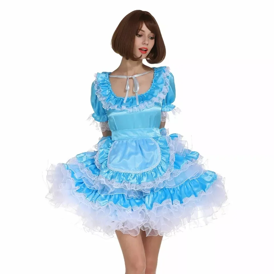 Sissy Cosplay Cute Sexy Girl Blue Satin Lockable Dress French Maid Costume Customized Halloween Set