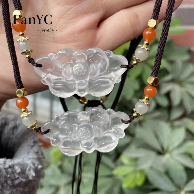 

Natural Gold Wire Jade Ice Kind of Gem Light Lotus Flowers Pendant Fashion Ladies Clavicle Chain Chinese Necklace Holiday Gift