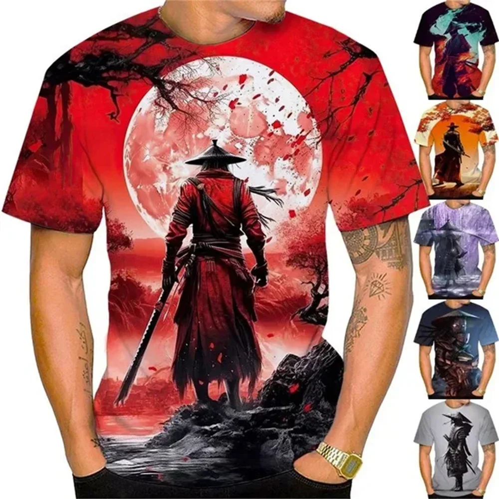 

Samurai Pattern T-shirt, Fashionable Casual Top, Men's T-shirt, Short-sleeved Clothing, Summer Loose, Anime, Japanese 3d
