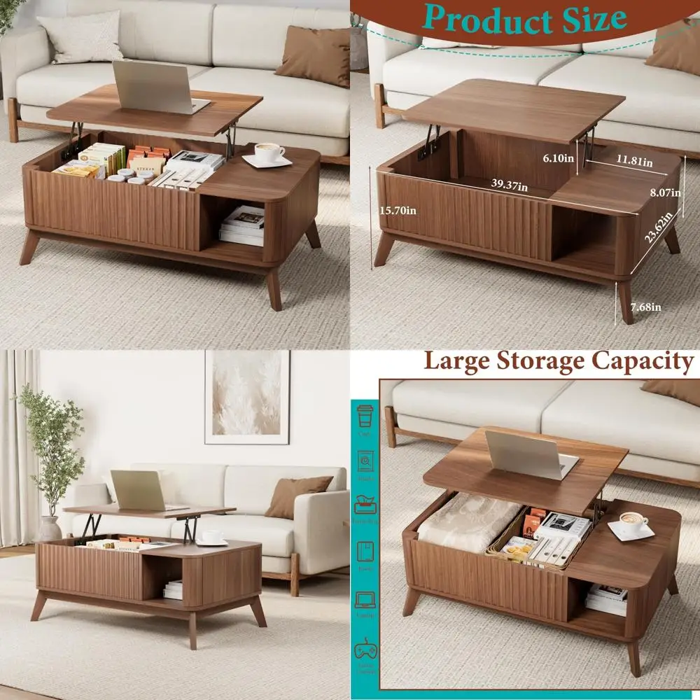 

Mid Century Modern Lift Top Storage Coffee Table, 40 Wood Fluted Living Room Center Table