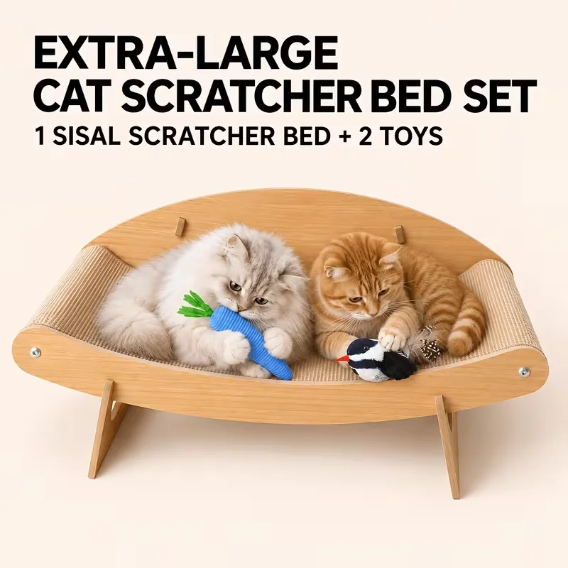 Extra Large Wooden Cat Scratcher Bed Durable Sisal Cat Lounge Sofa Furniture Protector Ergonomic Curved Resting Bed With Chirping Bird And Carrot Sound Toy Set For Large Medium Indoor Cats