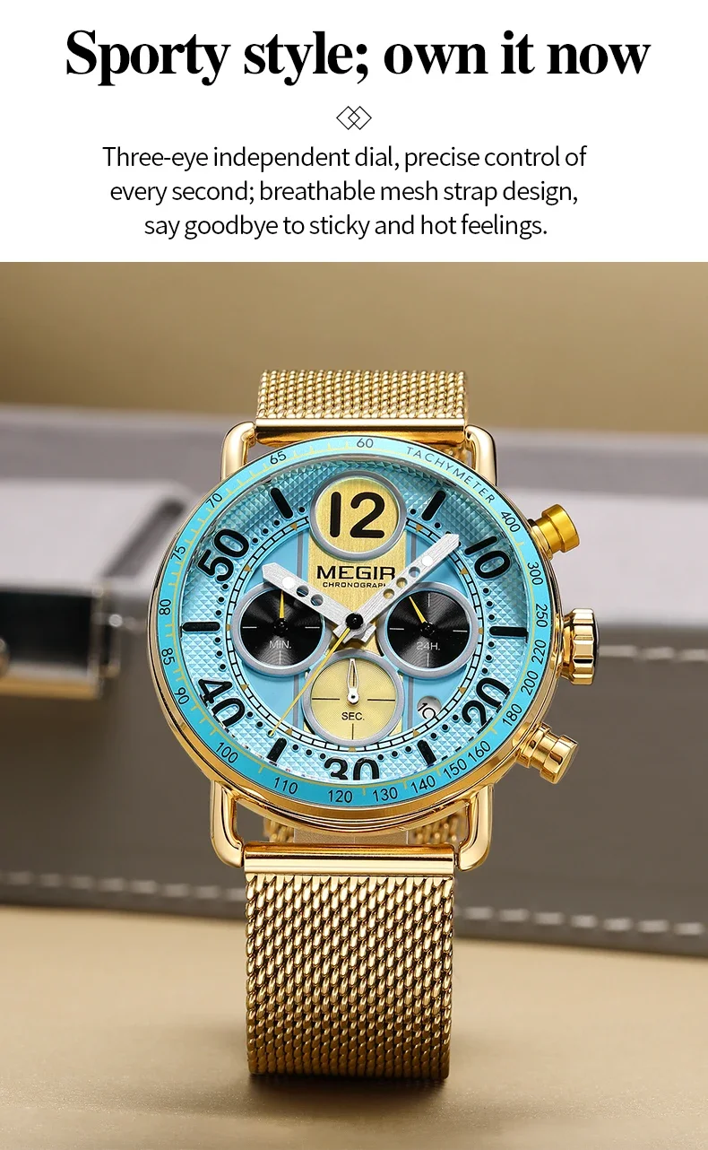 MEGIR Waterproof Quartz Watch with Blue Dial Chronograph Stainless Steel Mesh Strap Date Multifunctional Sports Wristwatch Brig