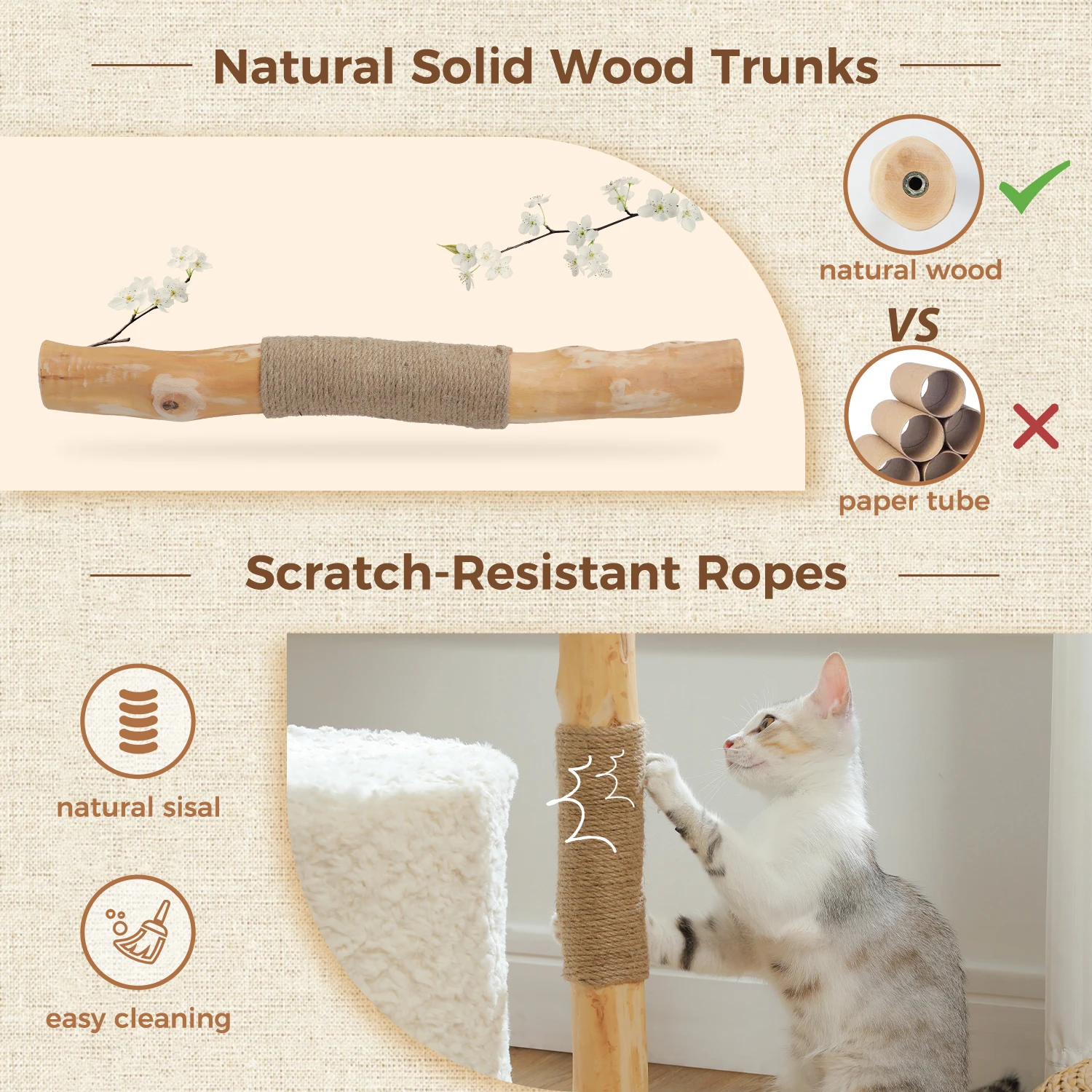 40 inch Modern Cat Tree Tower for Indoor Cats, Real Branch Luxury Cat Condo, Cat Scratching Post, Jumping Platforms