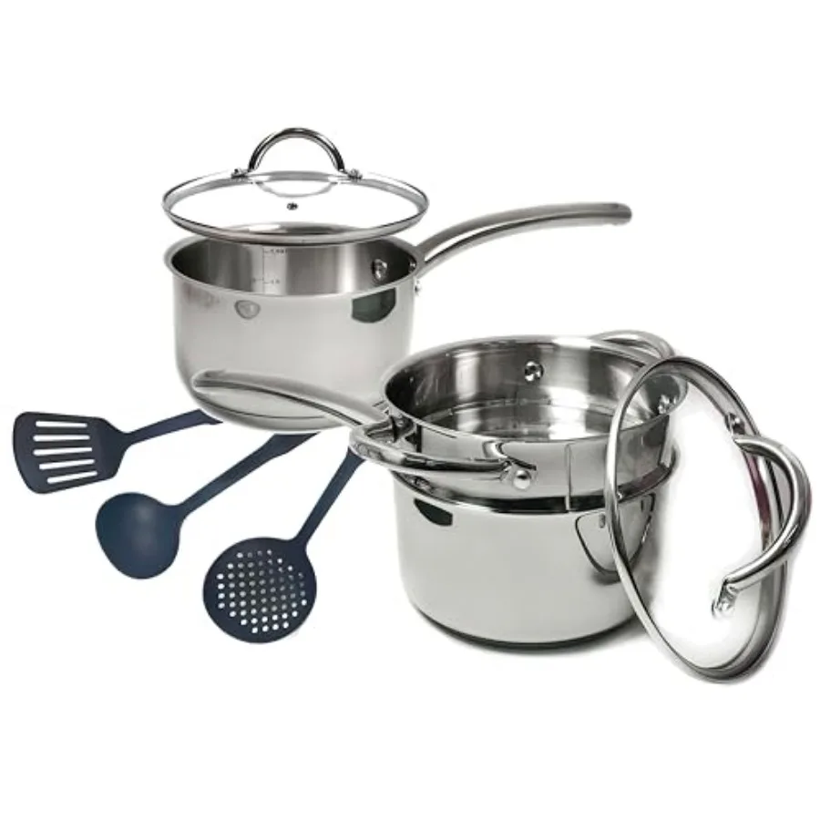 

Набор из 8 предметов: кастрюля из нержавеющей стали со стеклянной крышкой, литой стальной ручкой, индукционным дном, ударопрочная, для индукционных плит, пароварка