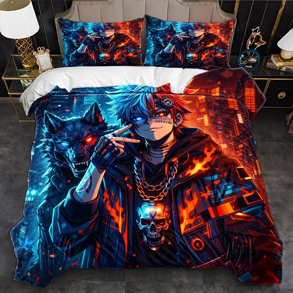 3Pc Cyberpunk Anime Trendy Style Duvet Cover Set, Bedding Three-Piece Set (1*Duvet Cover + 2*Pillowcases), Suitable for All Seasons, Machine Washable, Hidden Zipper Design, Large Double Bed Cover Set, Universal for Home, Dorm, Master Bedroom, Guest Room, Cyberpunk Wolf Elements Trendy Bedding, Personalized Skull Flame Print Bedding, Cross-Border Popular Anime Duvet Cover Three-Piece Set, Durable and Easy to Clean Dormitory Bedroom Bedding Set