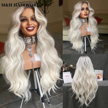 13x3 perucas de renda frontal sem cola para mulheres longo ondulado cabelo sintético perucas dianteiras do laço ombre platina loira resistente ao calor peruca de cabelo