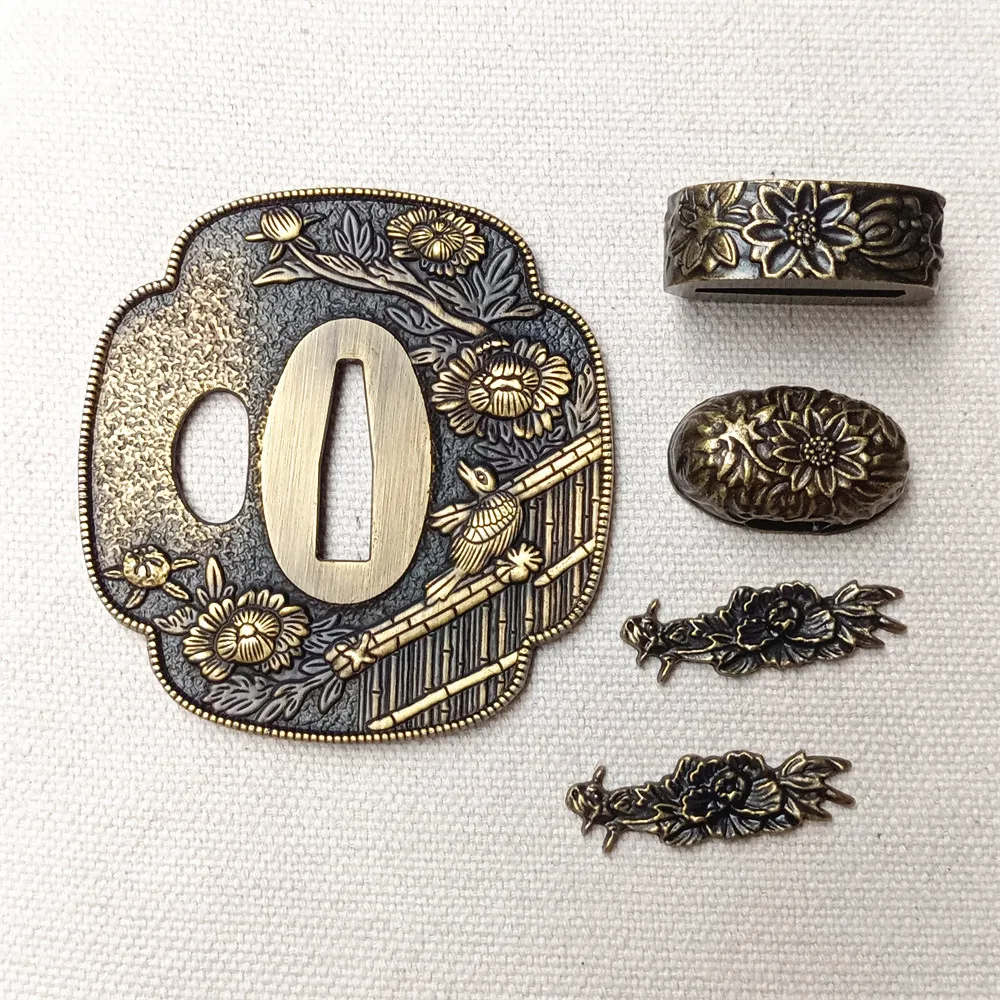 Alloy Plant flowers Tsuba And Fuchi Menuki Seppa Habaki For Japanese Katana Sword
