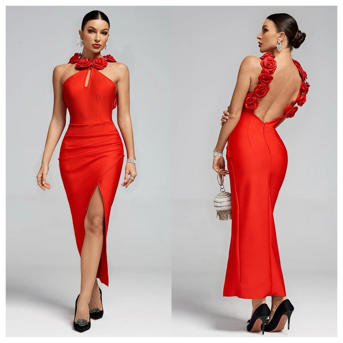 فستان سهرة من الساتان الأحمر الرقيق حسب الطلب برقبة دائرية بدون أكمام للمناسبات الخاصة مفتوح الظهر مزاجه الزهور الناعمة