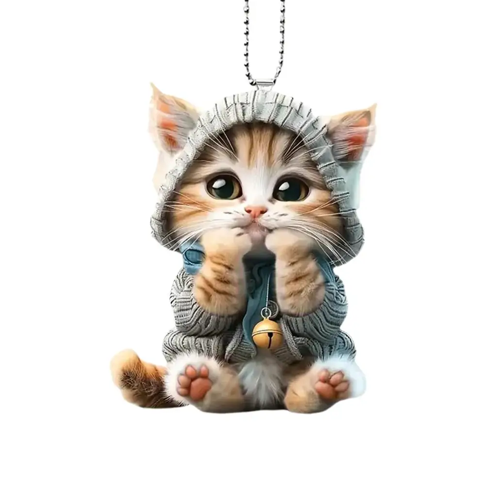 2D Car Pendant Hanging Ornament With Chain Realistic Animal Cat-Shaped Rearview Mirror Hanging Ornament Car Interior Decor Craf - 3