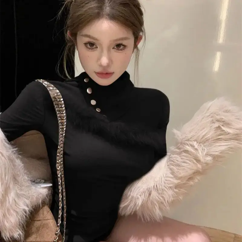 New Long-Sleeved T-Shirt Autumn Winter With Fashionable Stitching High Collar Women Fashionable Irregular Pullover Top