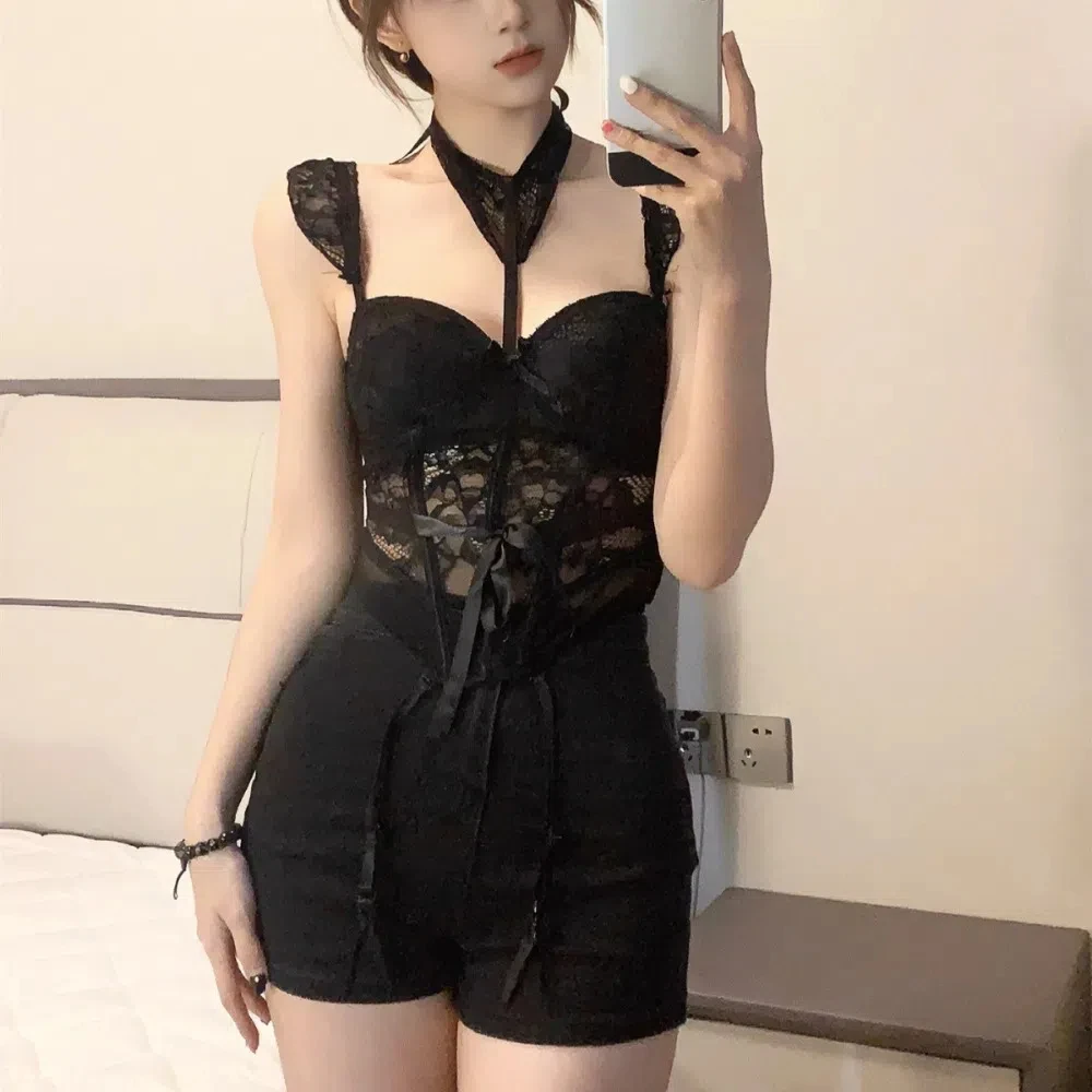 

Elegant Passionate Set Lace Camisole Briefs Set Hollow Mesh Slim Fit Women Lingerie Sleeveless Nightgown Bow Lace Corset Gift