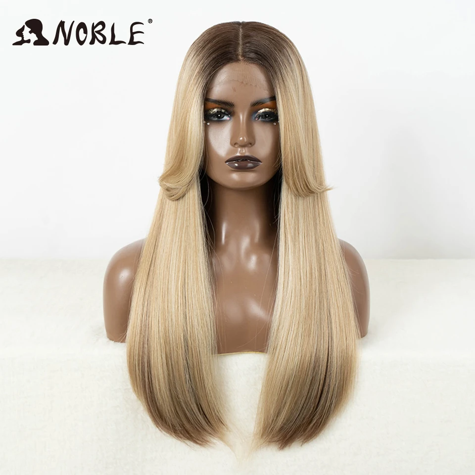 Perruque Lace Front Wig synthétique lisse sans colle-Noble, perruque Lace Wig, blonde miel ombré, marron, 24 pouces, perruque Lace Wig à reflets,