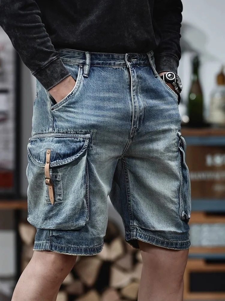 

Мужская рабочая одежда в твердом переработке, кожаные повседневные джинсы с завышенной талией, летние молодежные мужские модные свободные прямые брюки