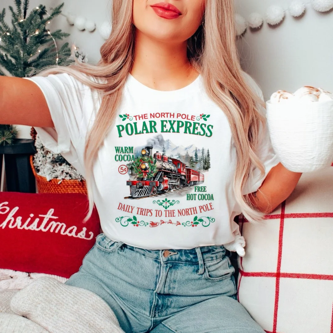 The North Pole Polar Express Daily Trips Printed Women\'s Short Sleeved Harajuku Street T-Shirt Casual Loose Top Pattern T-Shirt