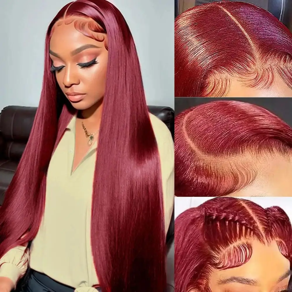 Mstoxic 32 Inch Burgundy RED 13x4 Hd Lace Frontal Wig 99J Colored Human Hair Wig Straight Lace Front Wigs For Women Pre Pucked