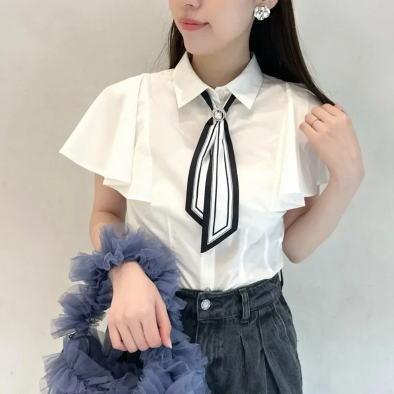 

Sweet 2024 Japan Style Spring Summer New Blouse Women Bow Lace-up Ruffled Short Sleeve Shirt Simple Solid Female Blusas
