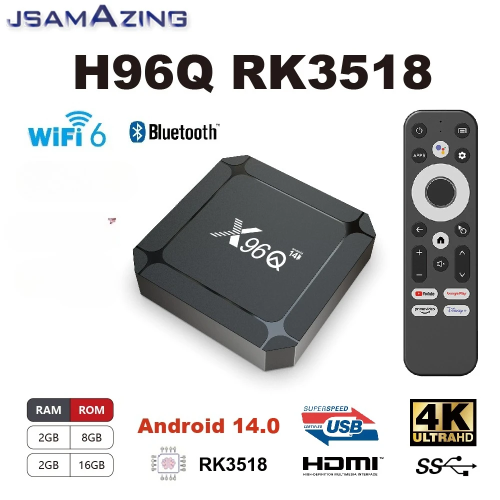 X96Q Android 14.0 Smart TV BOX RK3518 صوت عن بعد 4K ARM Cortex A53 2/4GB 16/32/ 64GB 3D 2.4G/5G لمشغل الوسائط Google