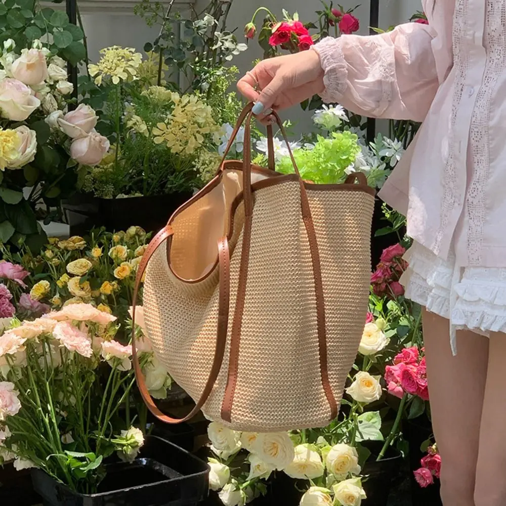 

Vintage Bohemian Straw Bag Slouchy Handbag Weave Tote Bag Storage Bag Hollowed Out Beach Shoulder Bag Girl