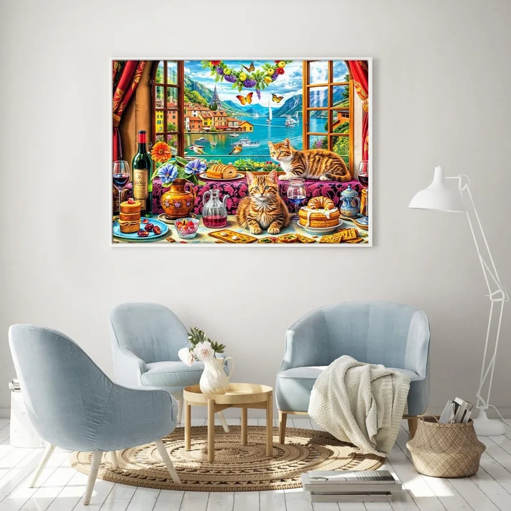 300/500/520/1000 Pieces Wooden Jigsaw Puzzle of Adult Cats Beautiful Window View Landscape Puzzles Games Family Fun Toy Gift