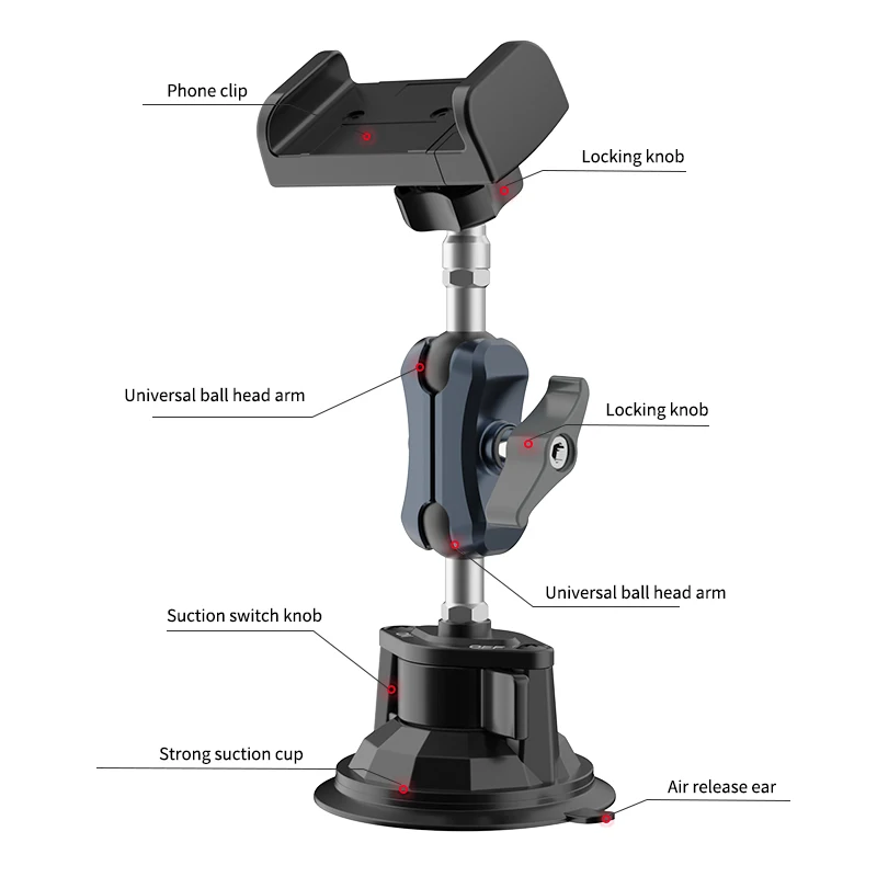 Lanparte High-Quality Car Phone Holder with 360° Adjustable and Extendable Arm and TPU Ball Head Joint for Suction Cup Mounting