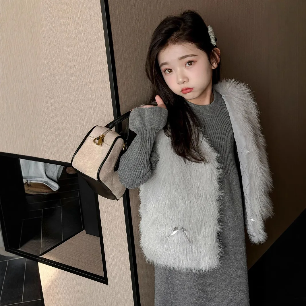 Girls Vest Jacket 2025 Autumn and Winter New Imitation Fur Coat Baby Medium Long Sweater Dress Winter Children Clothing Trendy