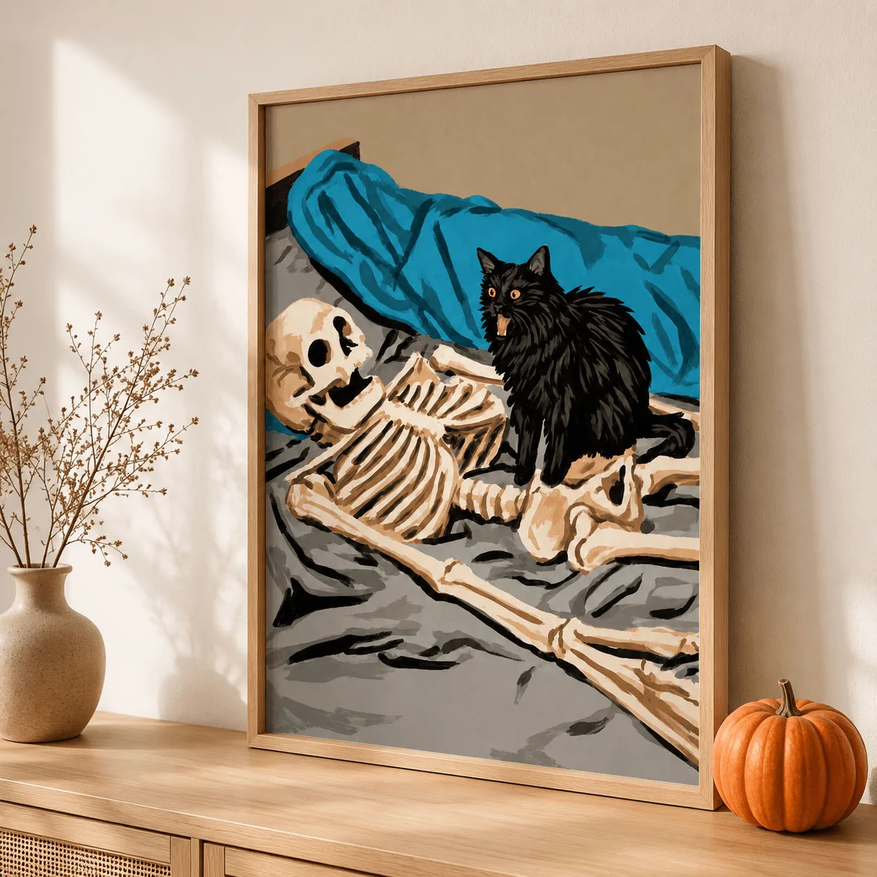 Abstract skeleton black cat canvas decorative painting, 2D printed poster, vintage home decoration for living room and bedroom