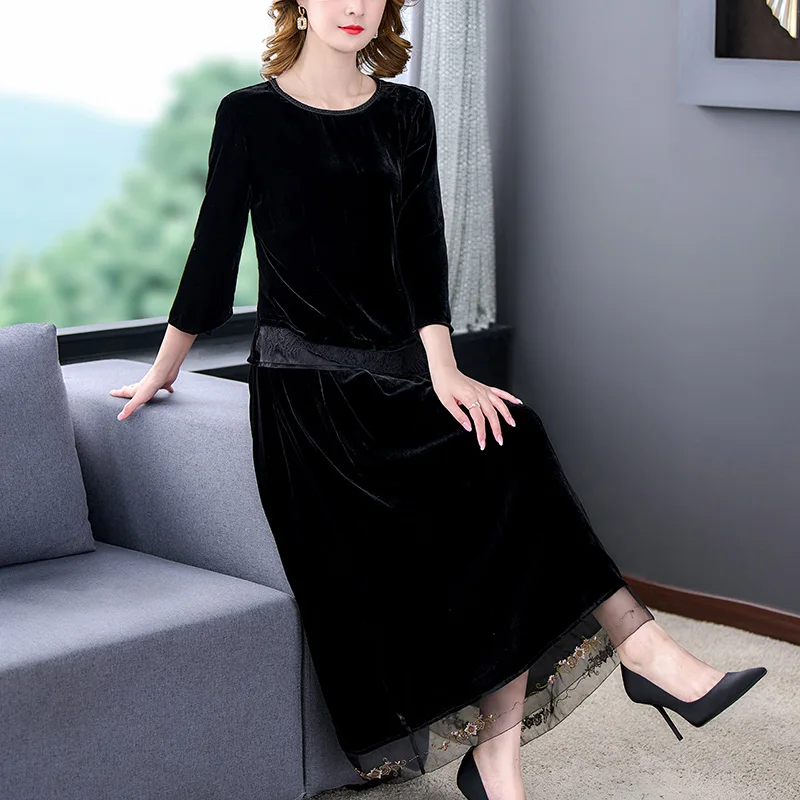 

2023 Autumn/Winter New Black Silk Velvet Long Sleeve Long Sleeve Dress Two Piece Set Loose Large Lace Splice Slim Retro Set