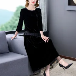 2023 Autumn/Winter New Black Silk Velvet Long Sleeve Long Sleeve Dress Two Piece Set Loose Large Lace Splice Slim Retro Set