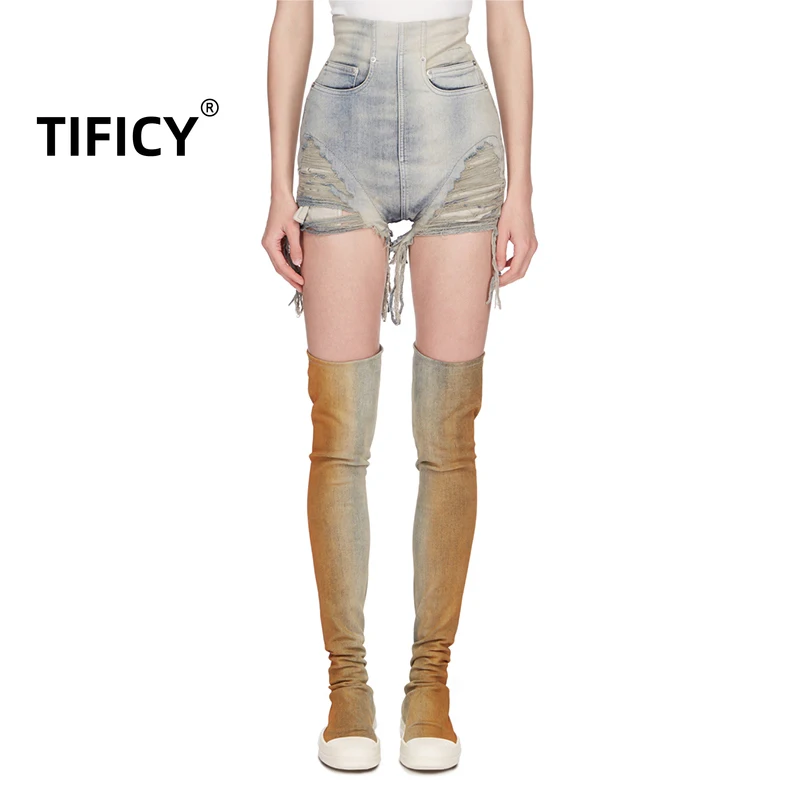 

TIFICY High Street Dark RO Women's Vintage Cement Gray Distressed Washed Slim Fit High Waisted Hip Hugging Zipper Denim Shorts