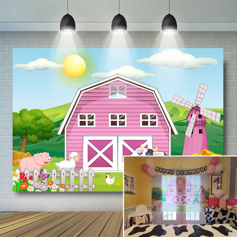 

Mocsicka Farm Backdrop Kids Child Background Cows Wood House Chicken Baby Birthday Cash Smash Decor Photostudio Props