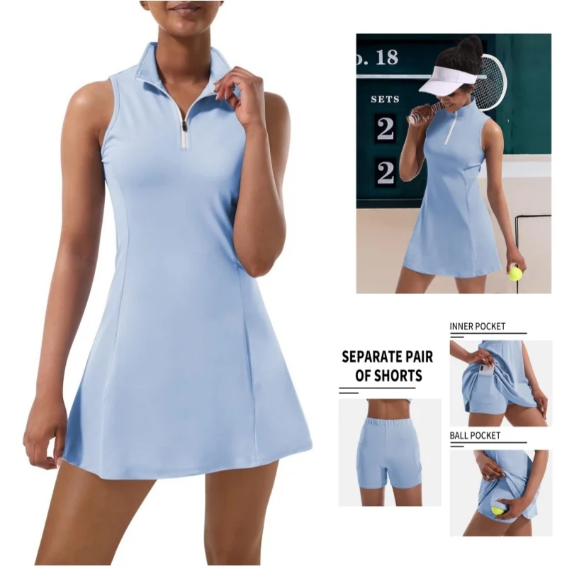 2024Abito da tennis da donna, abiti da golf da tennis con pantaloncini e tasche incorporati per abiti sportivi da allenamento senza maniche