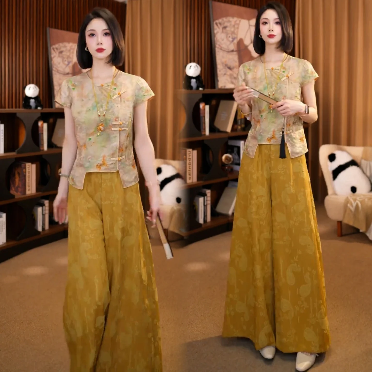 New Chinese Style Fashion Set Women Summer New Trendy Slimming National Style Button Short Sleeve Shirt Wide Leg Pants Two Pi... - view 5